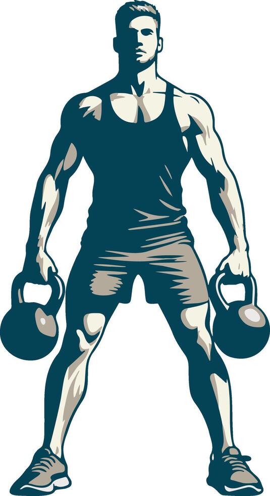 Man Do Workouts with Two Kettlebells. vector