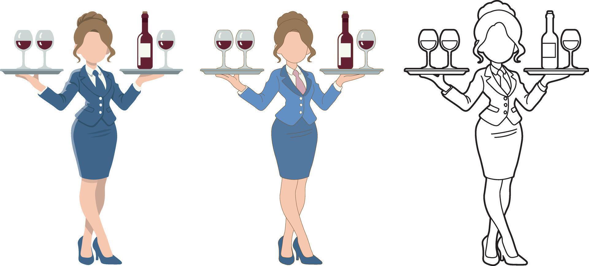 Waitress Balancing a Wine Tray Illustration Set. vector
