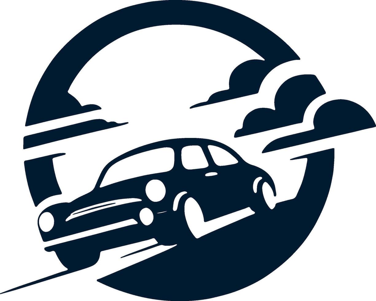 Car icon with clouds and mountains vector