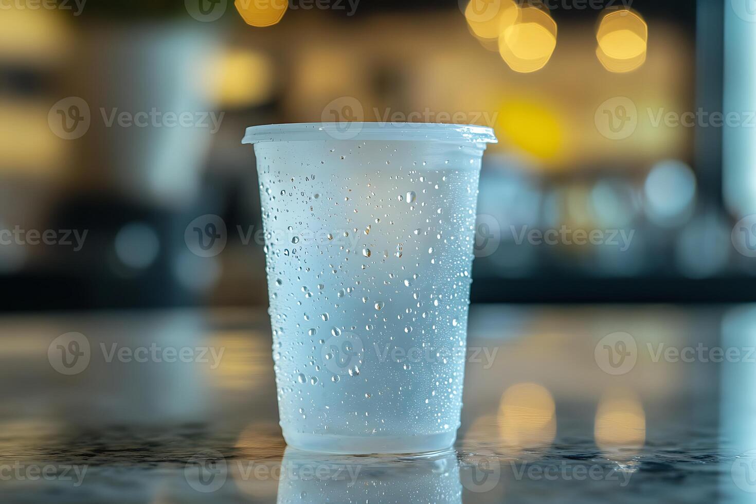 A plastic cup with water on a table photo