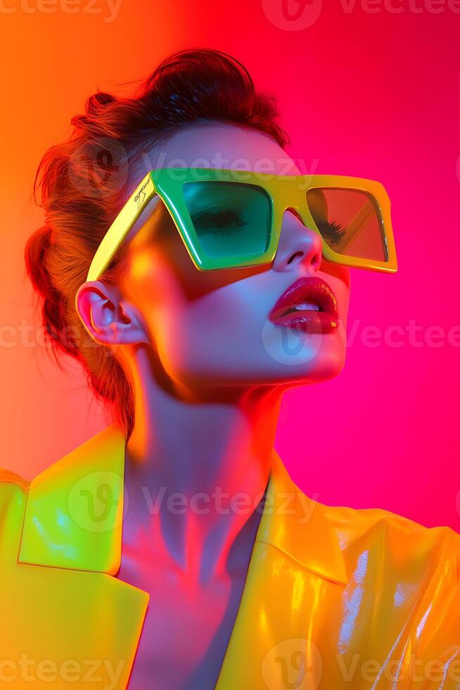 woman wearing sunglasses and a yellow jacket photo