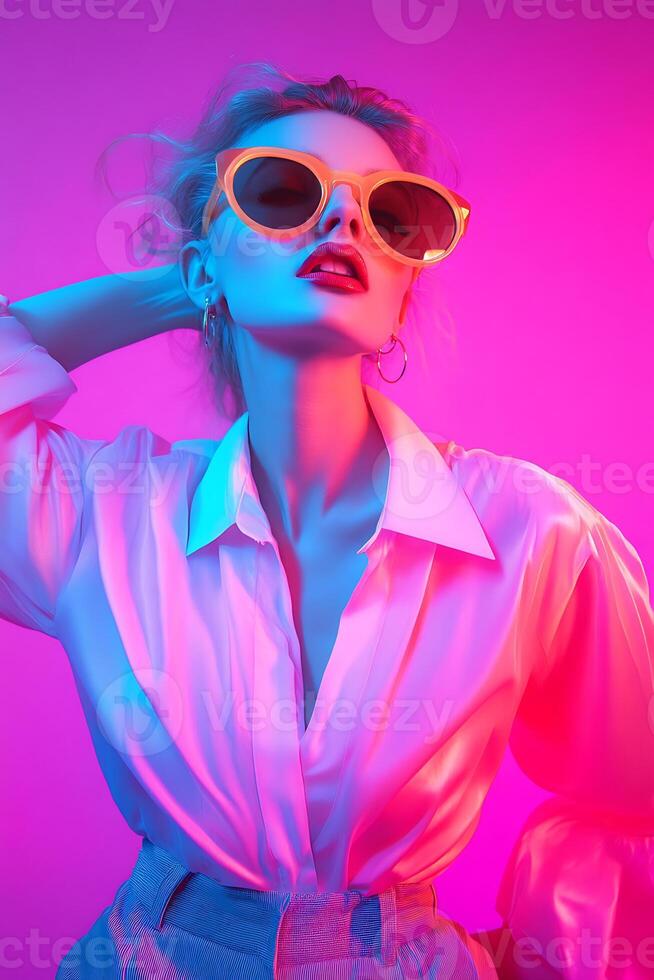 A woman in sunglasses and a white shirt posing against a pink background photo