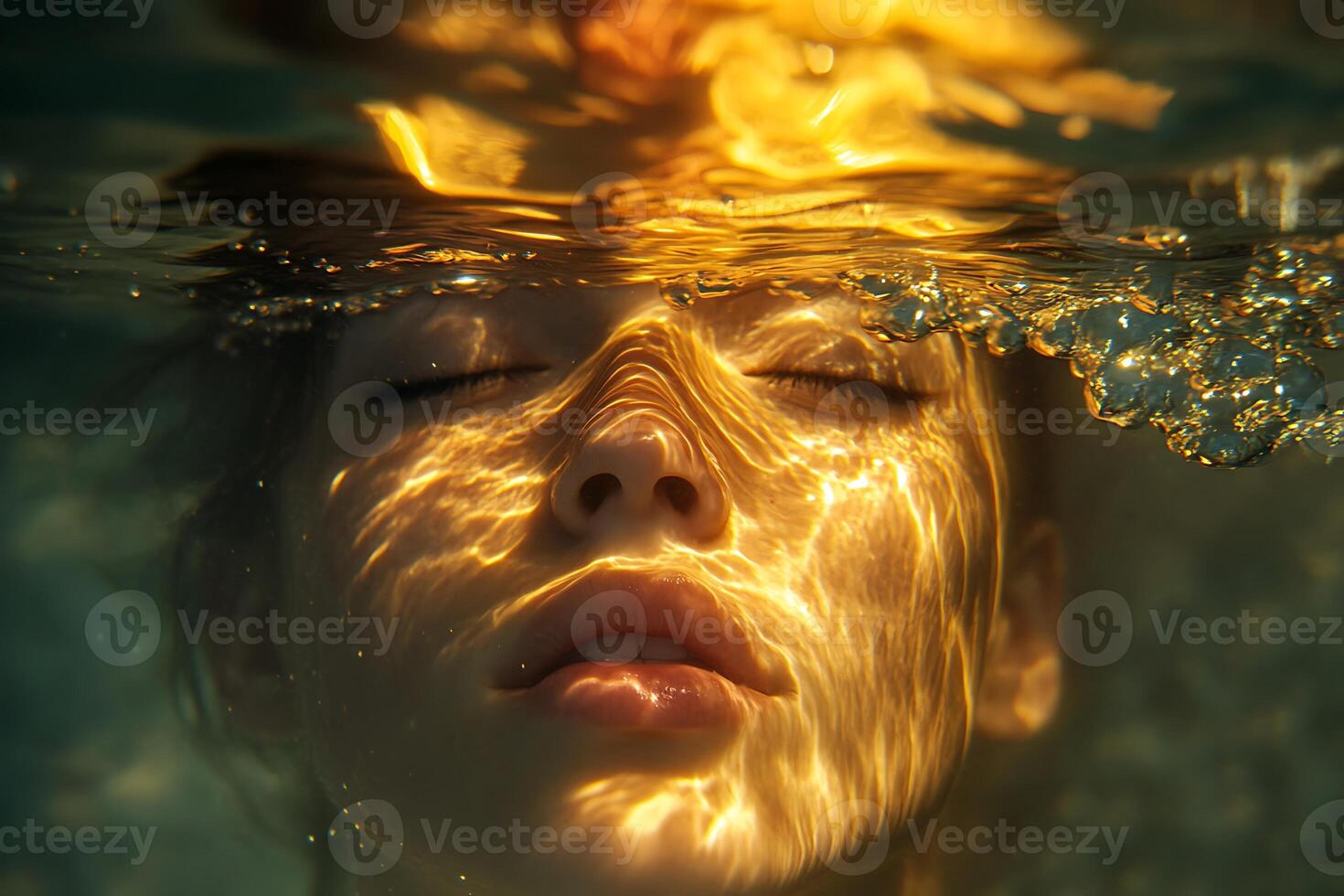 A woman is underwater with her eyes closed photo