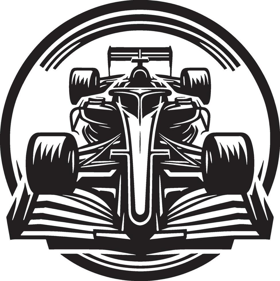 A racing car illustration in a circle with a black and white background vector