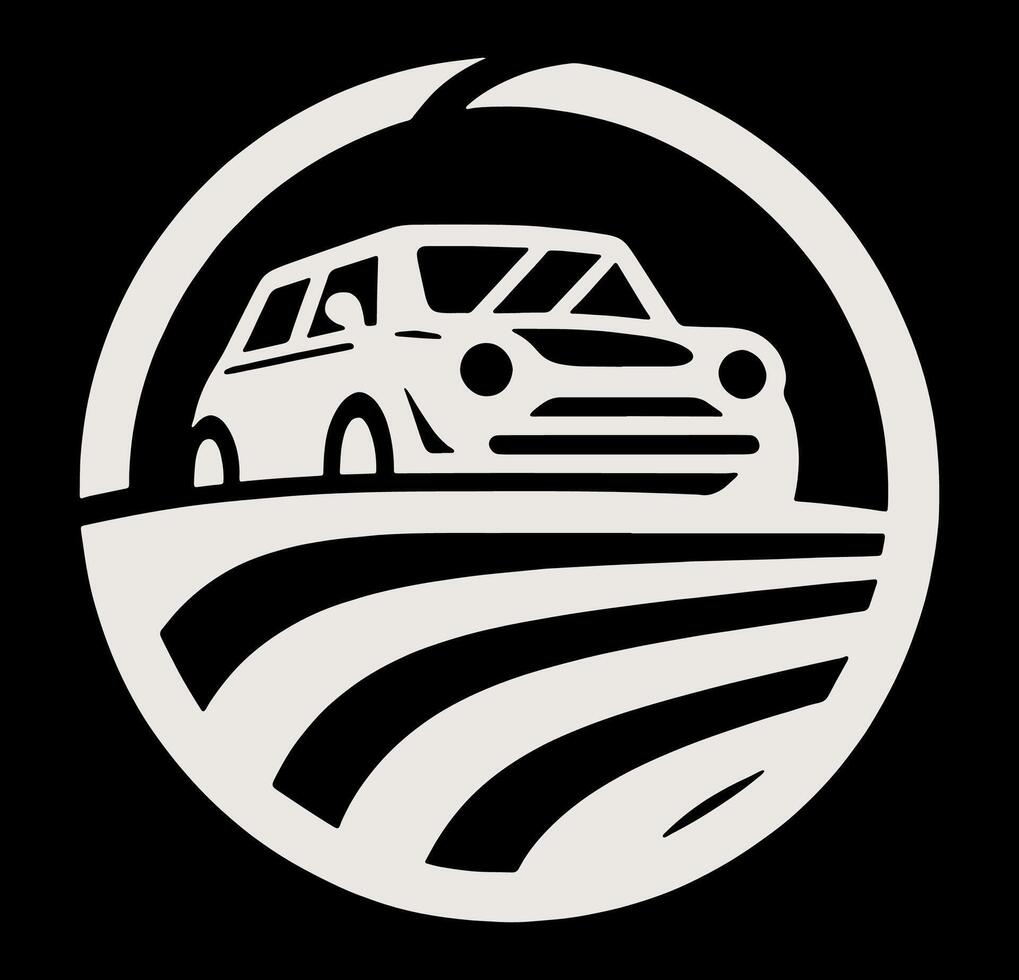 Car is shown in a circle on a black background vector