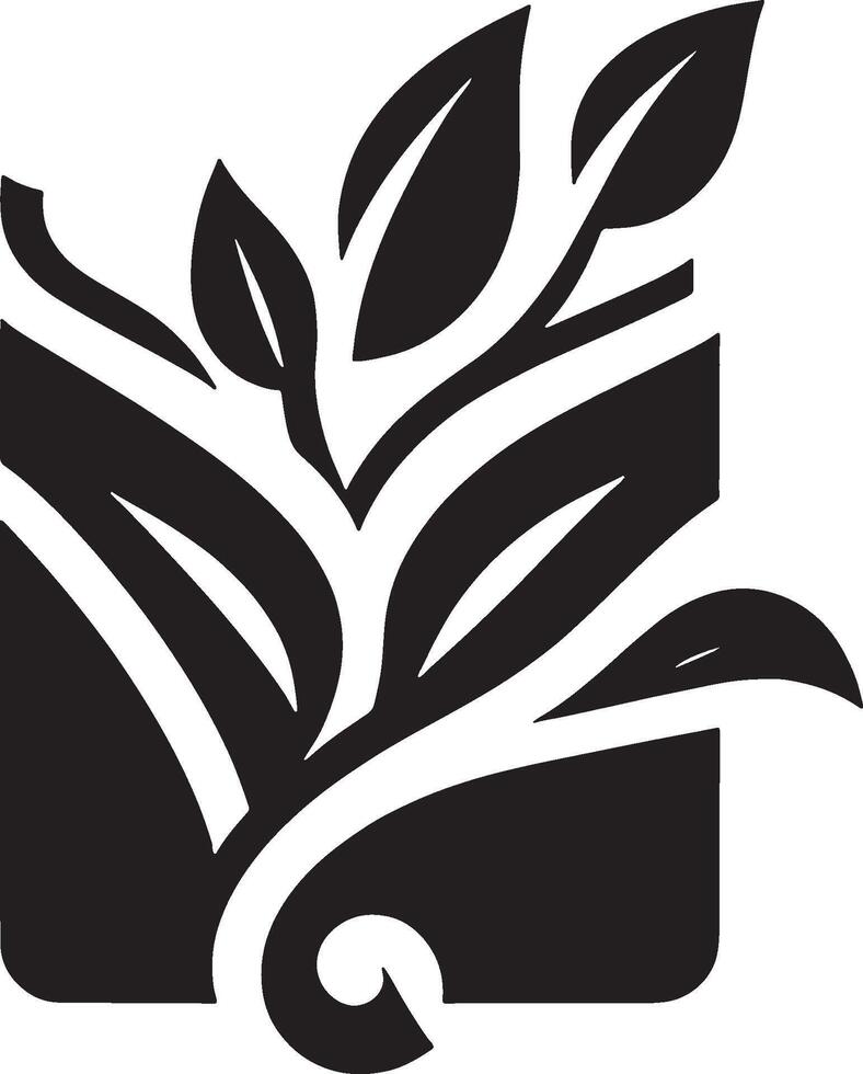 A black and white logo of a book with leaves vector