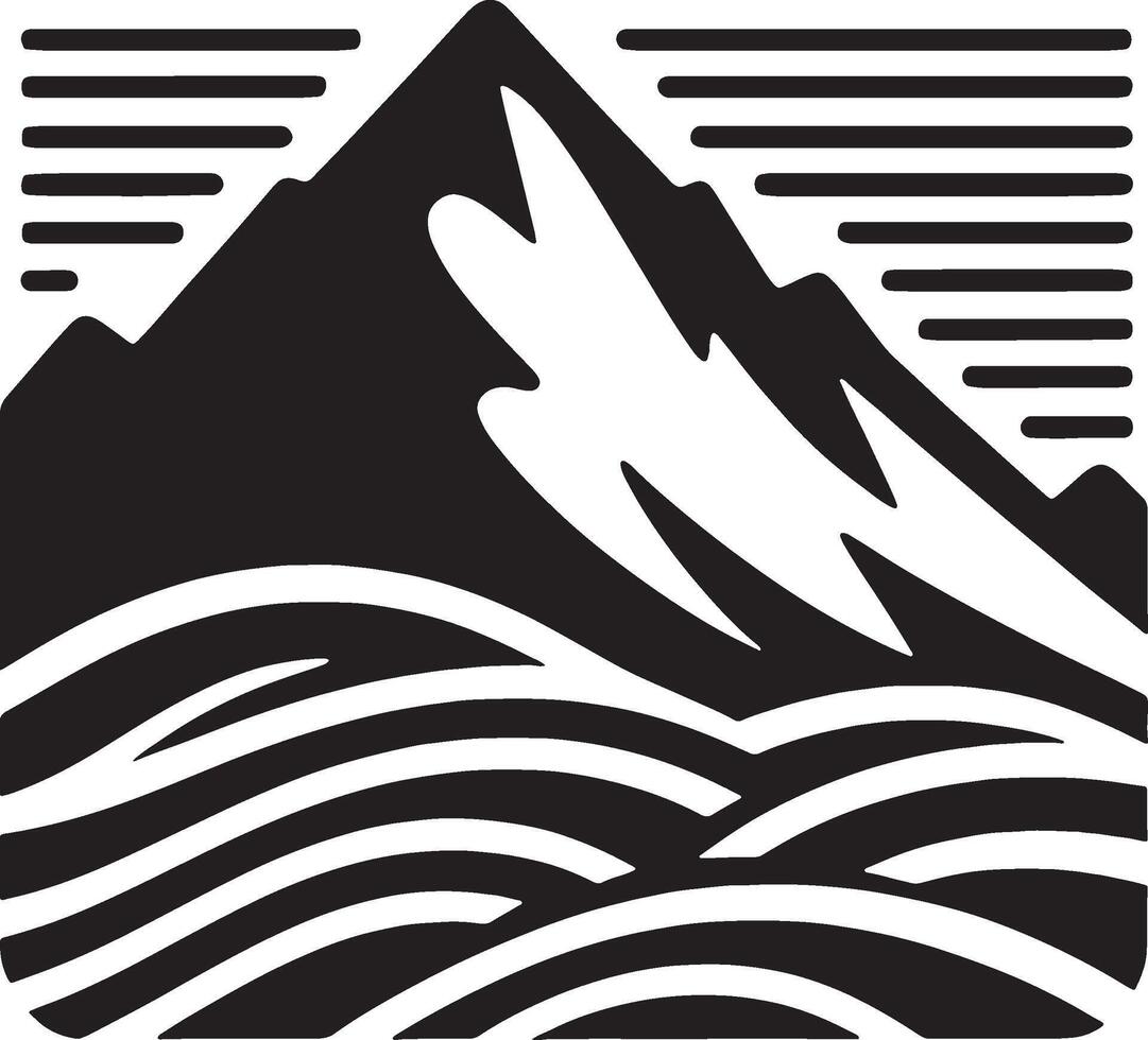 A black and white illustration of a mountain with waves vector