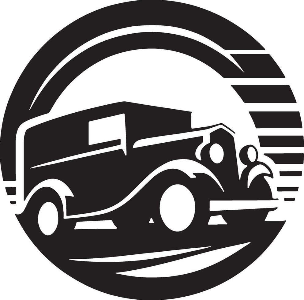 An old car is shown in a black and white circle vector