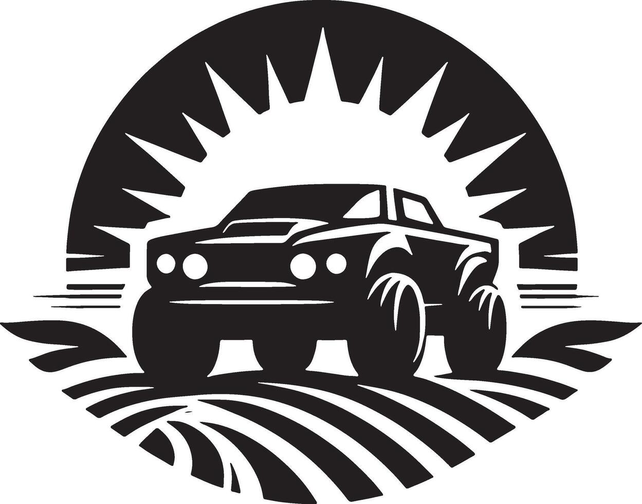 A black and white image of a truck with a sun in the background vector
