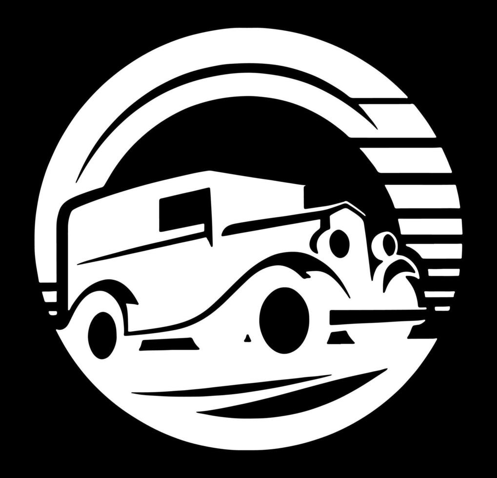 An old car is shown in a circle on a black background vector