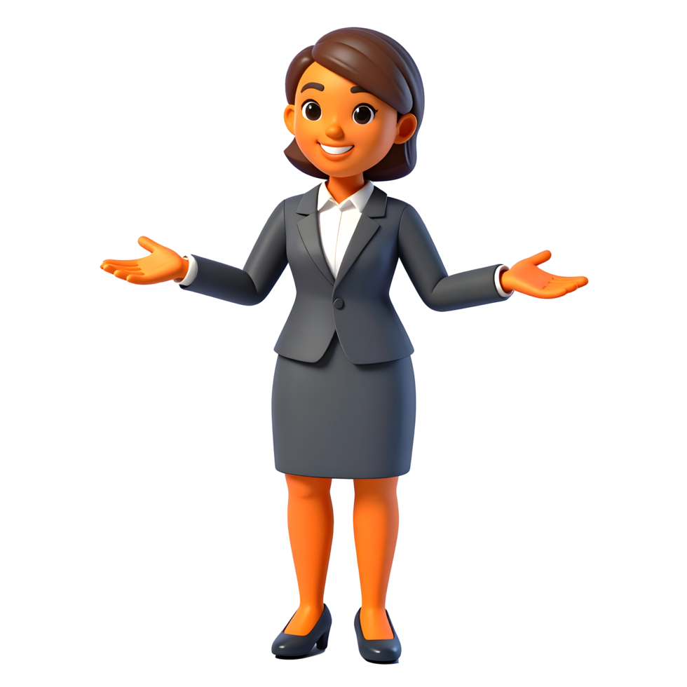 Smiling cartoon Female business character and hand gestures for business presentation 3D Icon png