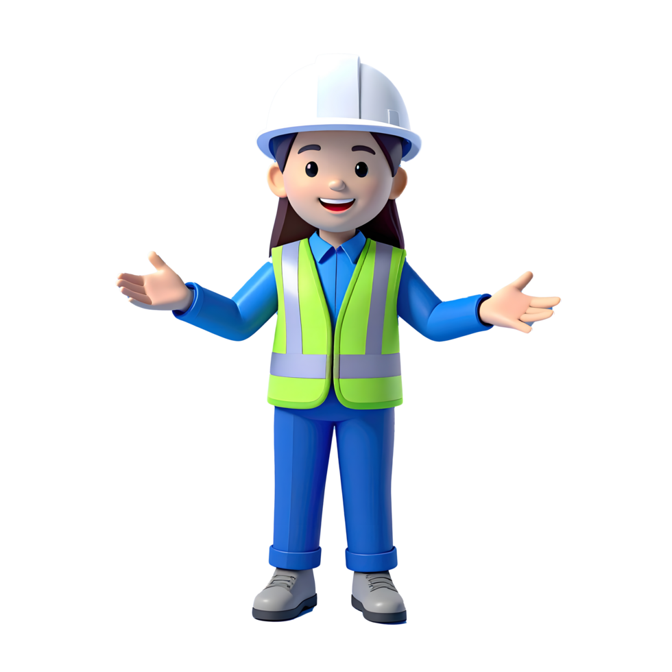 Cartoon Female character engineering Construction worker and hand gestures, wear reflective clothing for the safety of the work operation 3D Icon png