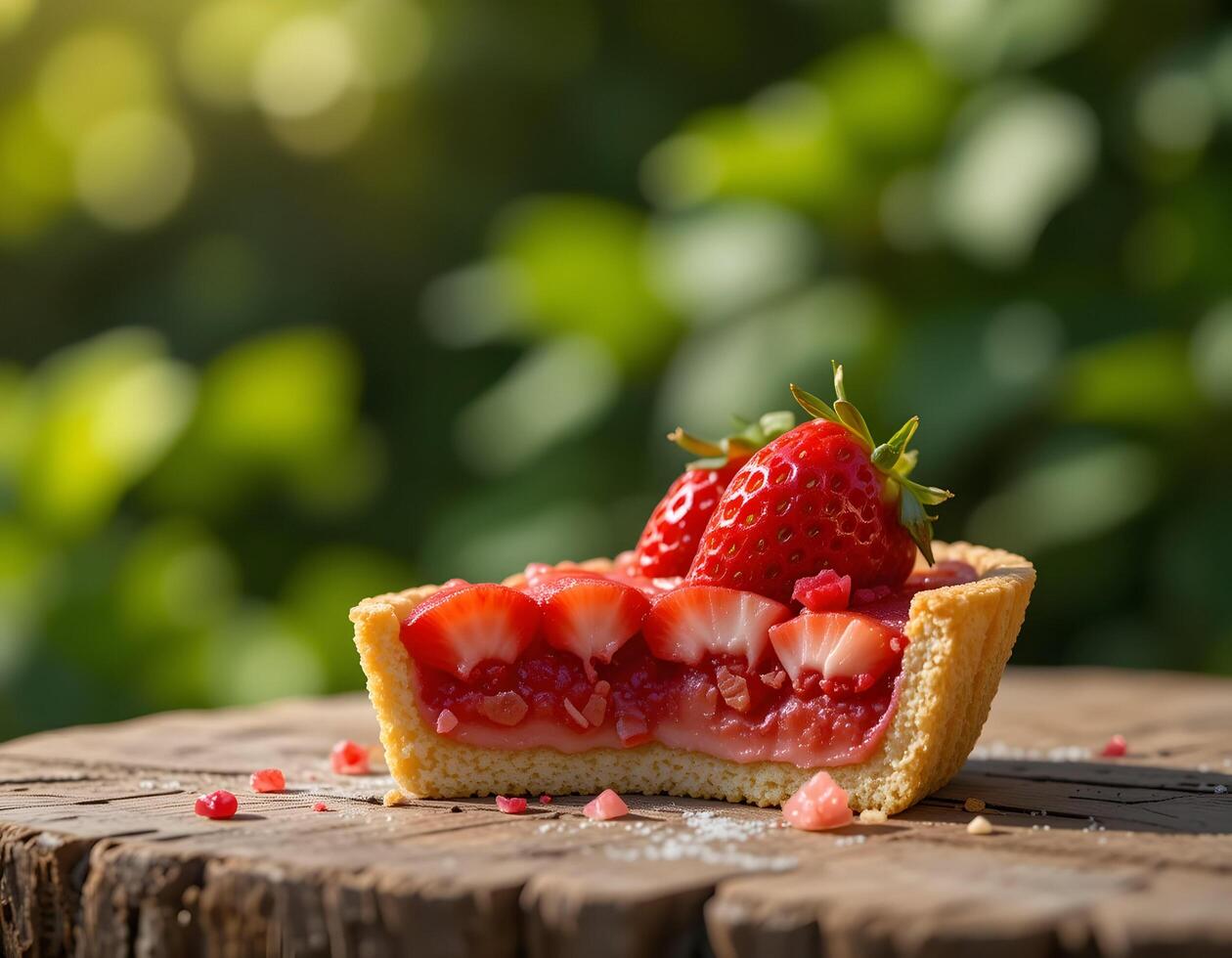 Strawberry Tart Slice Displayed Outdoors on Wooden Surface photo