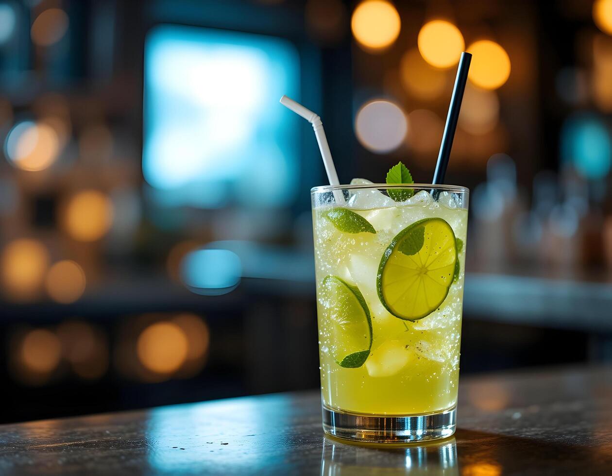 Refreshing Lime Cocktail with Ice and Mint on Bar Top photo