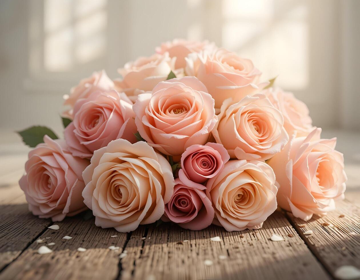 Bouquet of Roses on Wooden Table with Natural Light photo