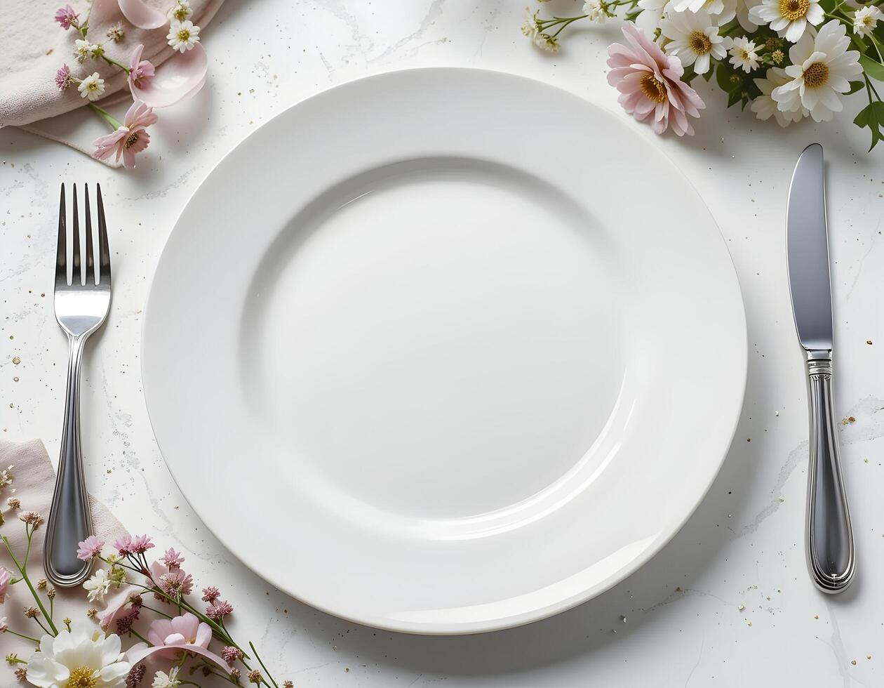 Empty Plate Setting with Silverware and Floral Arrangement photo