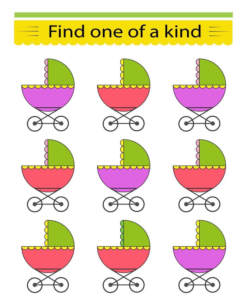 Fun education game for kids. Need to find one of a kind baby carriage. Kids activity page. vector