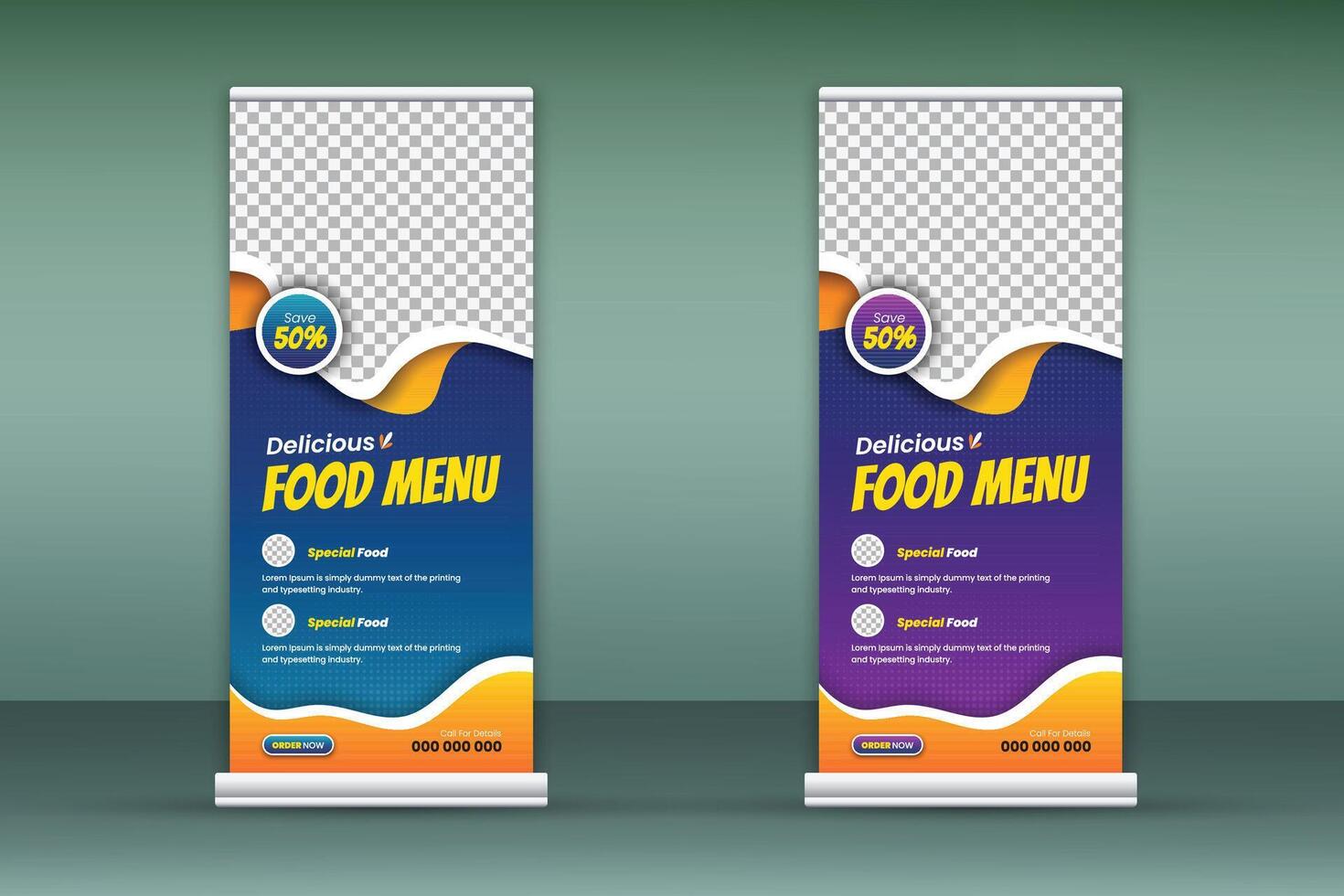 Modern purple and blue food menu banner set for restaurant promotion, attractive roll-up template vector