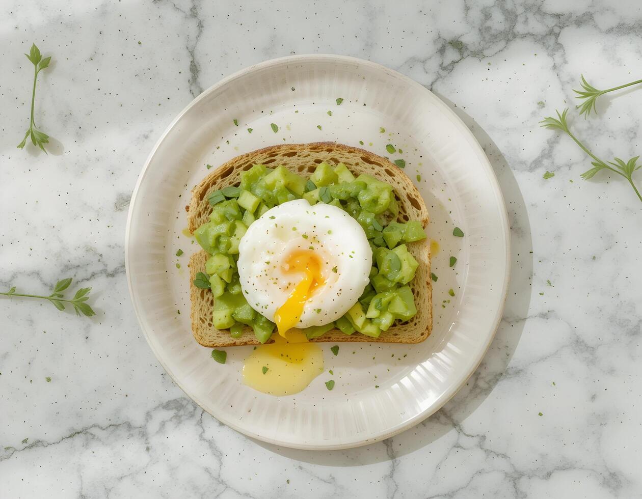 Preparing Avocado Toast with Poached Egg on Plate photo