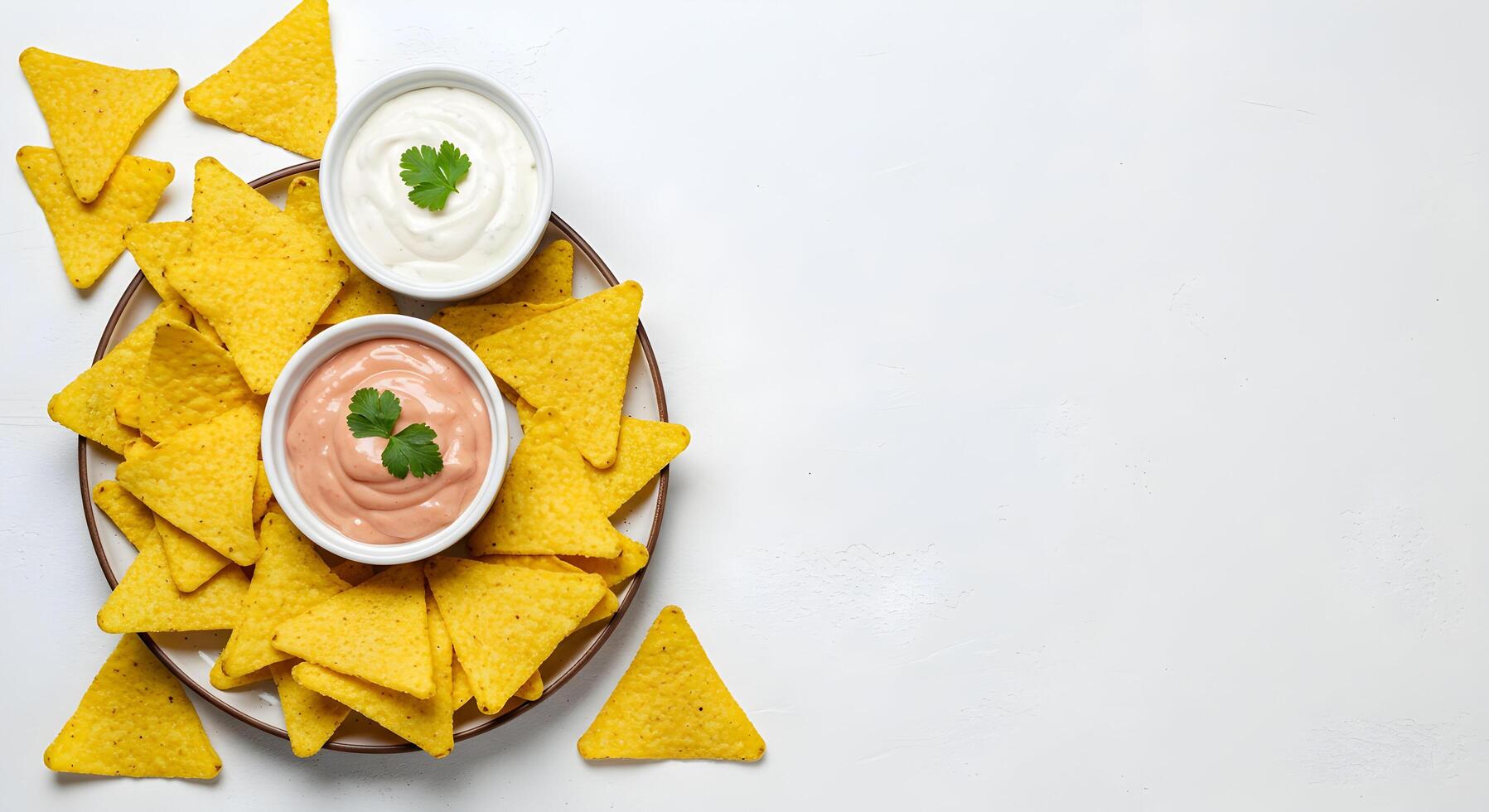 Serving Tortilla Chips with Two Kinds of Dips on White photo