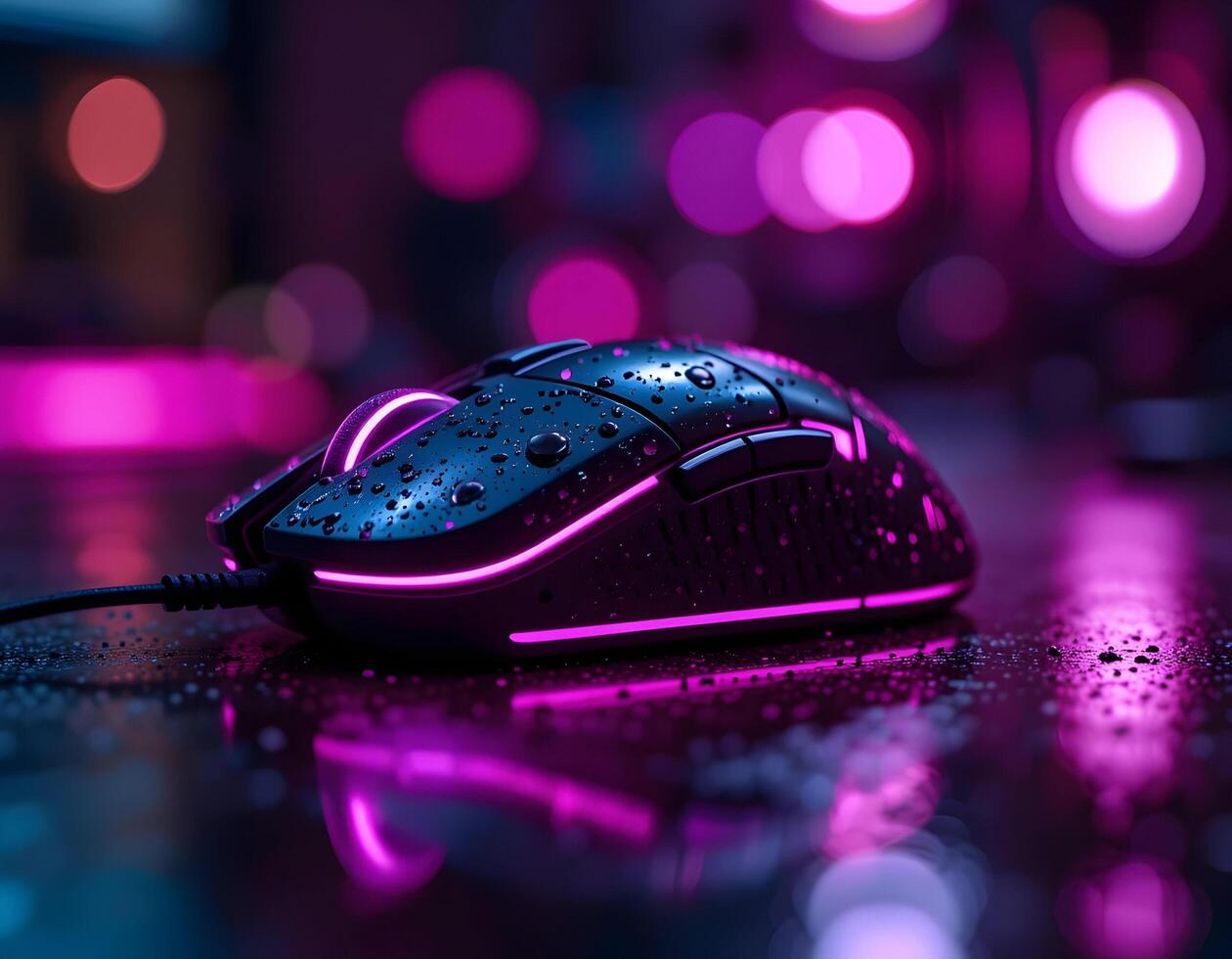 Illuminated Computer Mouse with Neon Lighting on Dark Surface photo