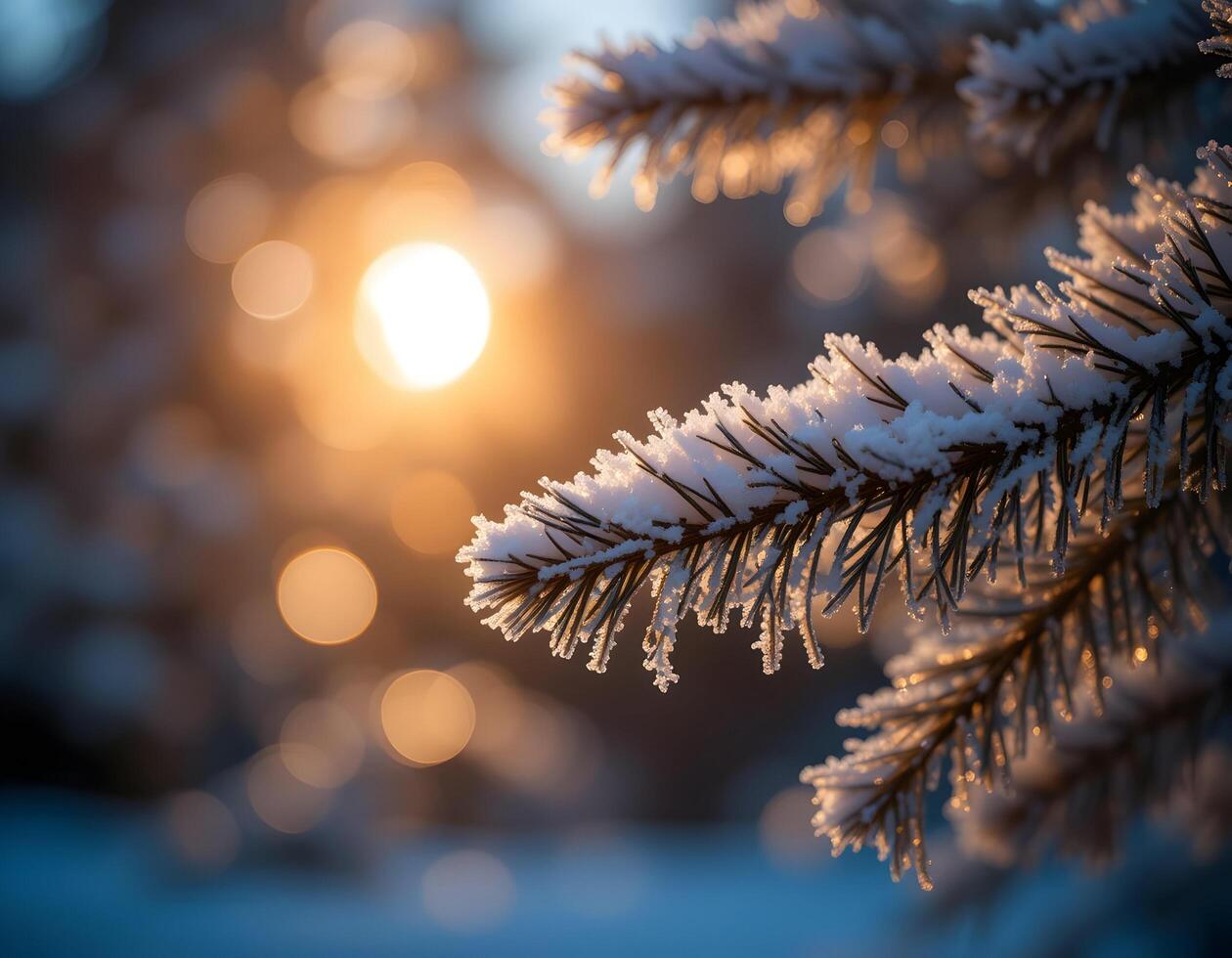Snow Covered Pine Branch with Warm Light Winter Scene photo