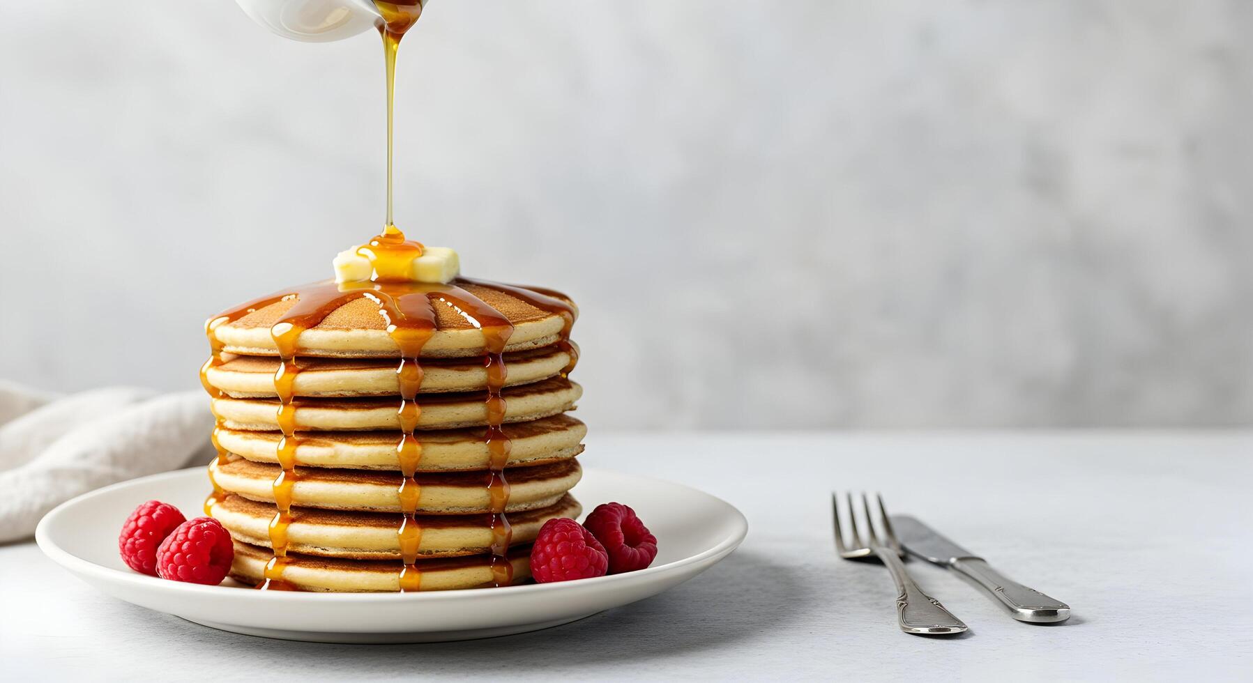 Pouring Syrup on Pancakes with Raspberries and Butter photo