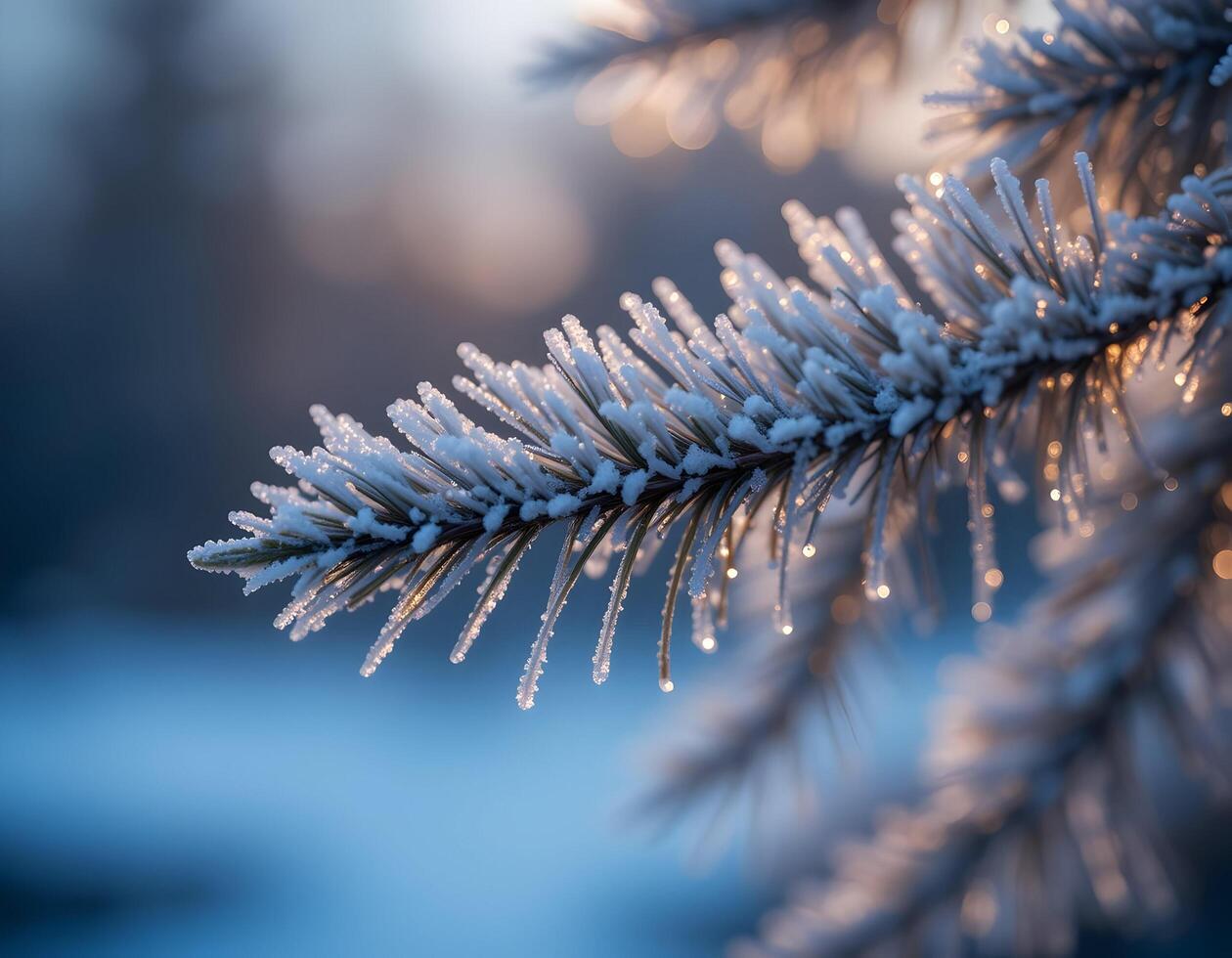 Icy Pine Branch Sparkling in Winter Sunlight Close Up photo
