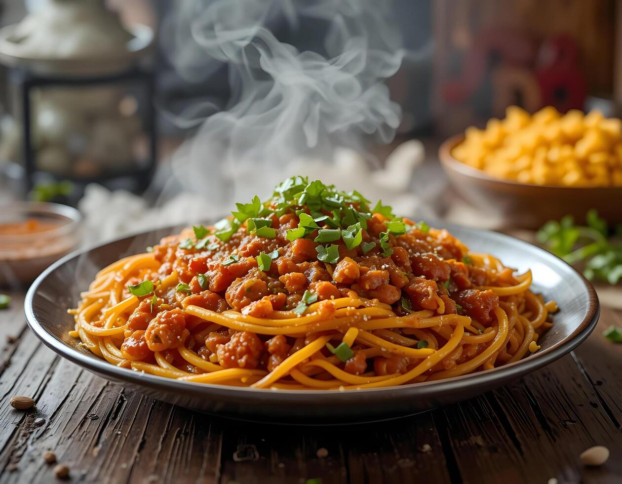 Serving of Steaming Spaghetti with Sauce and Herbs on Wooden Table photo
