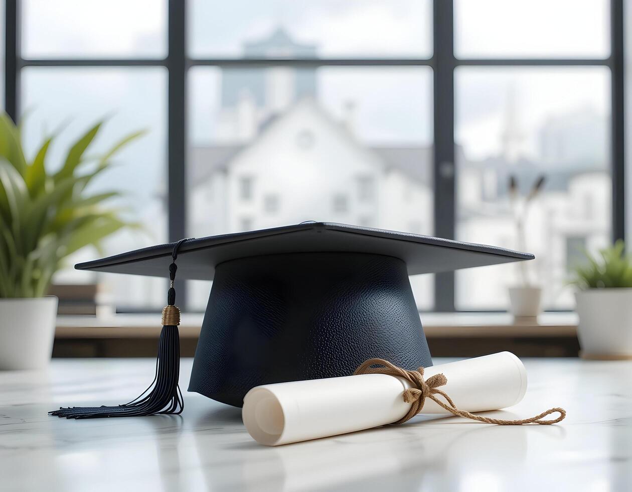 Graduation Cap and Diploma on Table with Building View photo