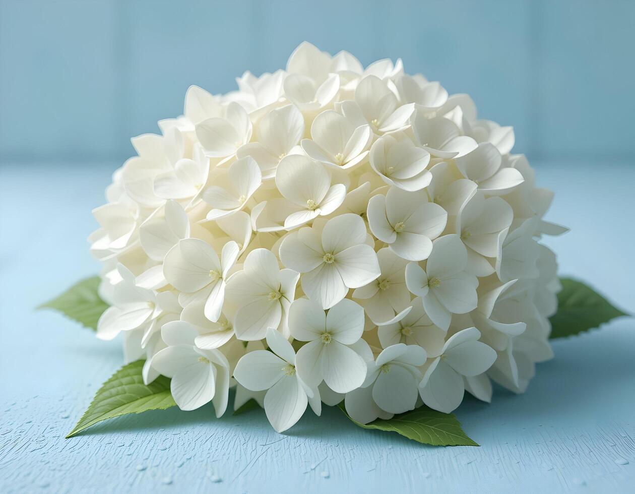 Blooming White Hydrangea Flower with Green Leaves on Light Blue Background photo