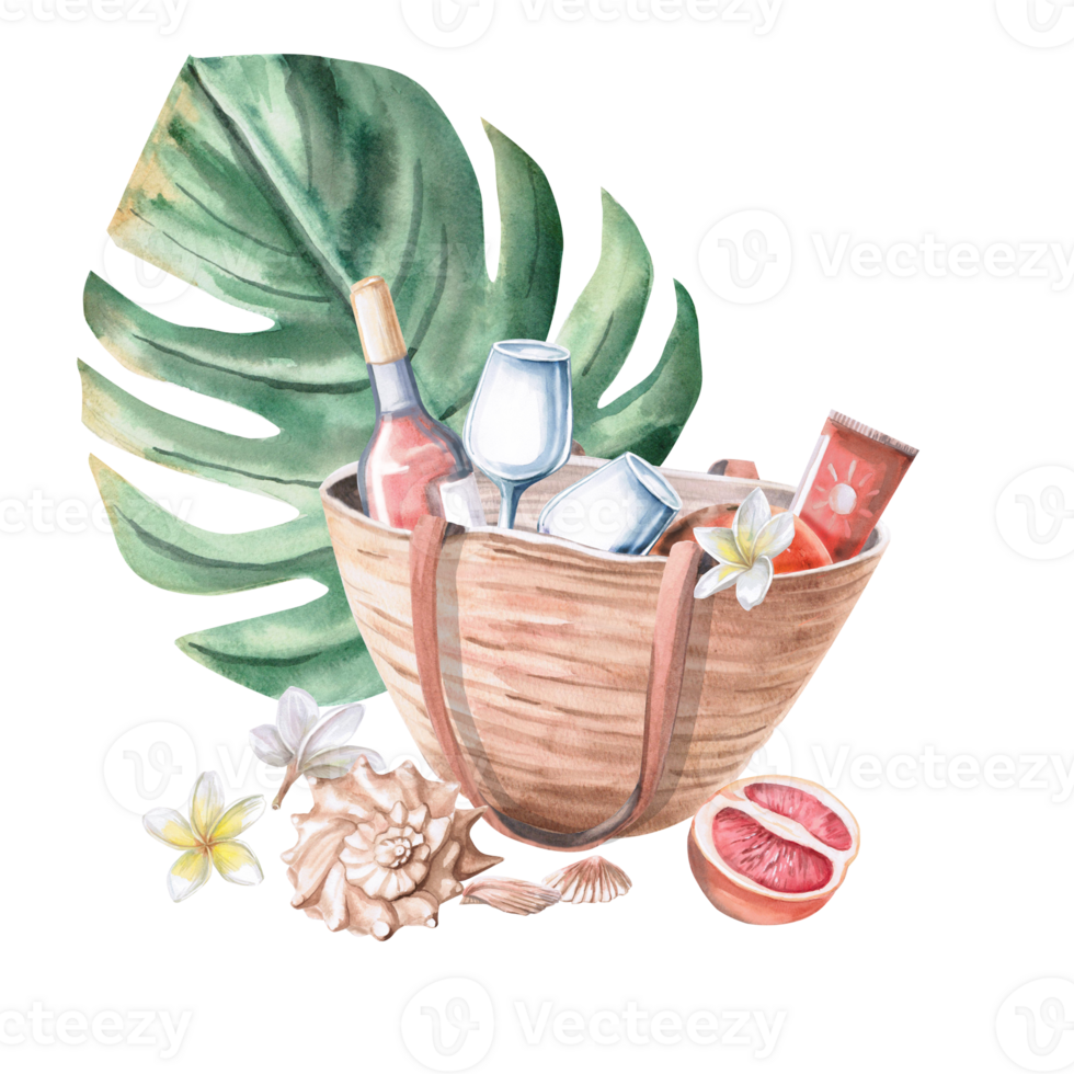 Beach bag filled with party supplies, straw hat and monstera leaf. Isolated watercolor illustration for travel brochure design, poster and clothing printing. png