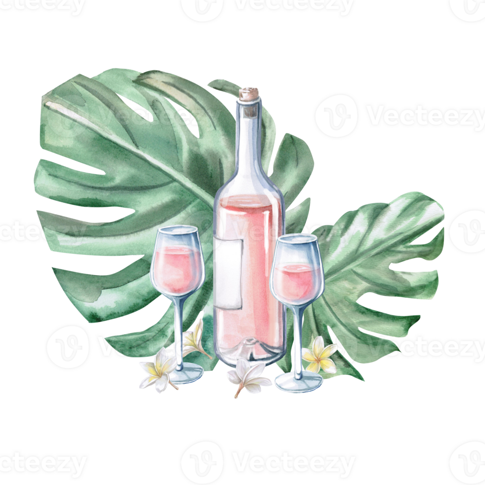 Wine bottle and two glasses on the background of leaves. Isolated watercolor illustration on the theme of tropical vacation for cafes menu design, postcard printing, wedding invitations and parties. png