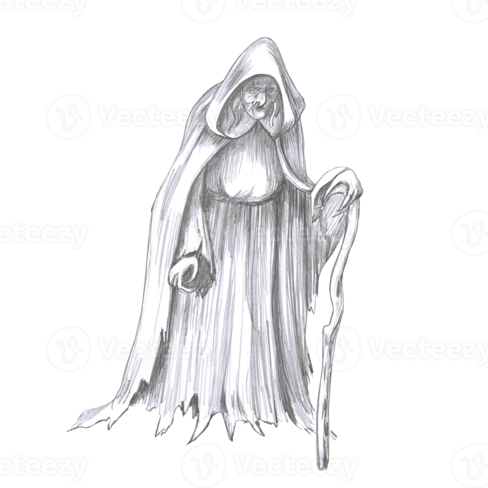Scary old witch with a stick in her hands. Isolated pencil illustration of a witch for Halloween cards, books, theme party interior, poster and clothing printing. png