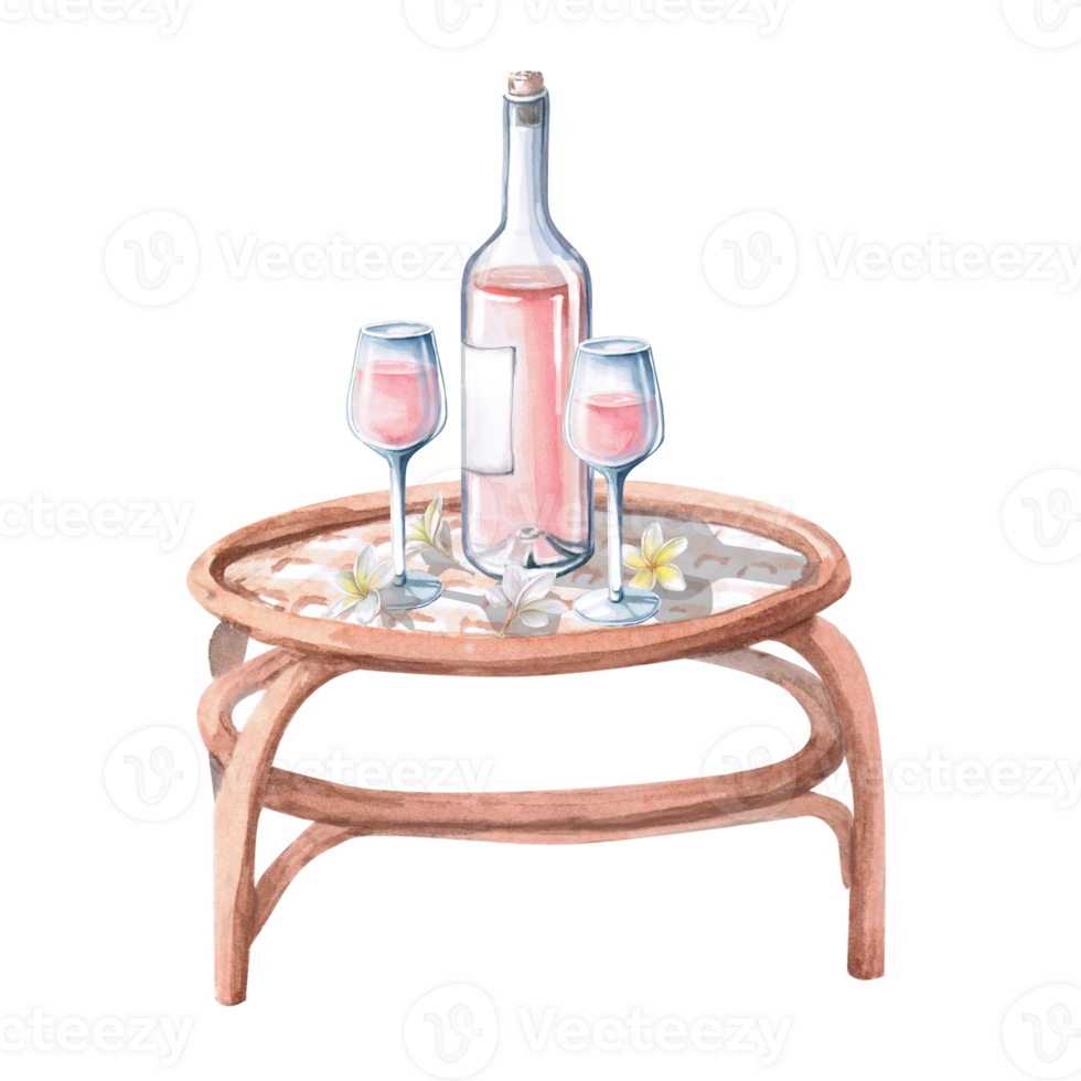 Two glasses of wine and a bottle standing on a table. Isolated watercolor illustration on the theme of rest for restaurant design, menus, tourist brochures, printing on fabric and textiles. png