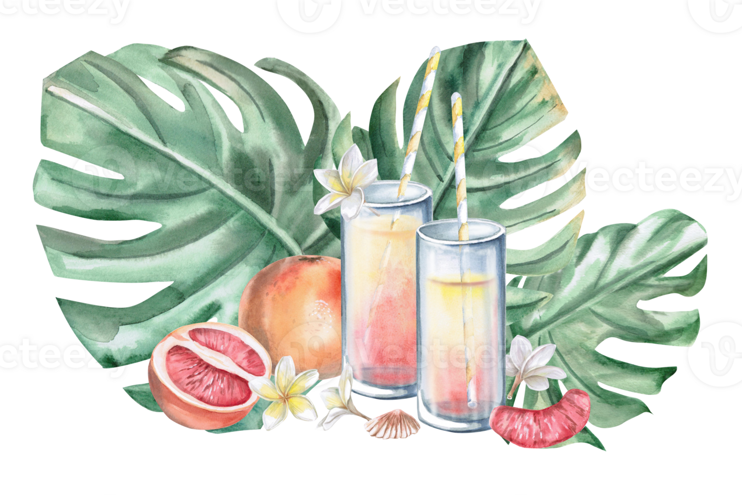 Two glasses with juice, grapefruits on the background of leaves. Isolated watercolor illustration on the theme of rest for restaurant design, menus, tourist brochures, printing on fabric and textiles. png