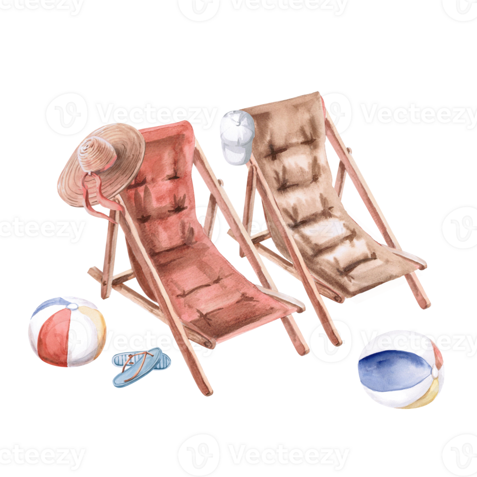 Two sun loungers, hat, balls. Isolated watercolor illustration on the theme of beach holidays for restaurant design, tourist brochures, printing on fabric and textiles. png