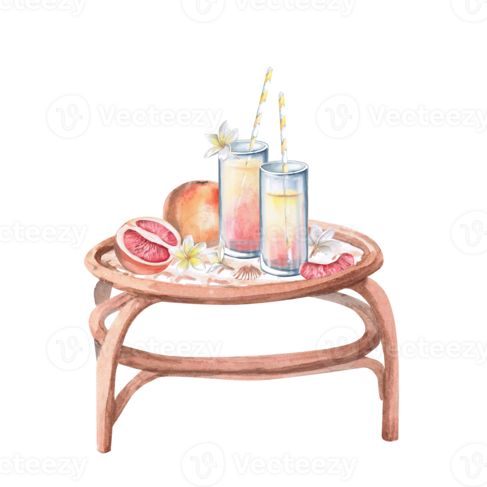 Two glasses of juice and grapefruit standing on a table. Isolated watercolor illustration on the theme of rest for restaurant design, menus, tourist brochures, printing on fabric and textiles. png