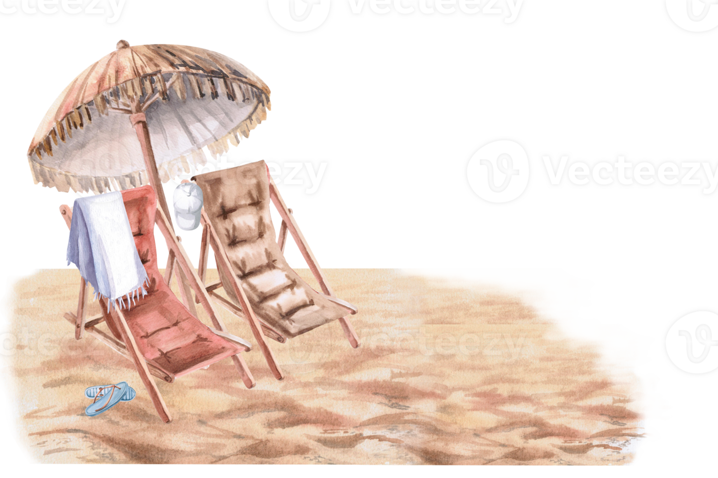 Two sun loungers under a sun umbrella standing on the sand. Isolated watercolor illustration on the theme of a beach holiday for the design of restaurants, tourist brochures, printing on fabric. png
