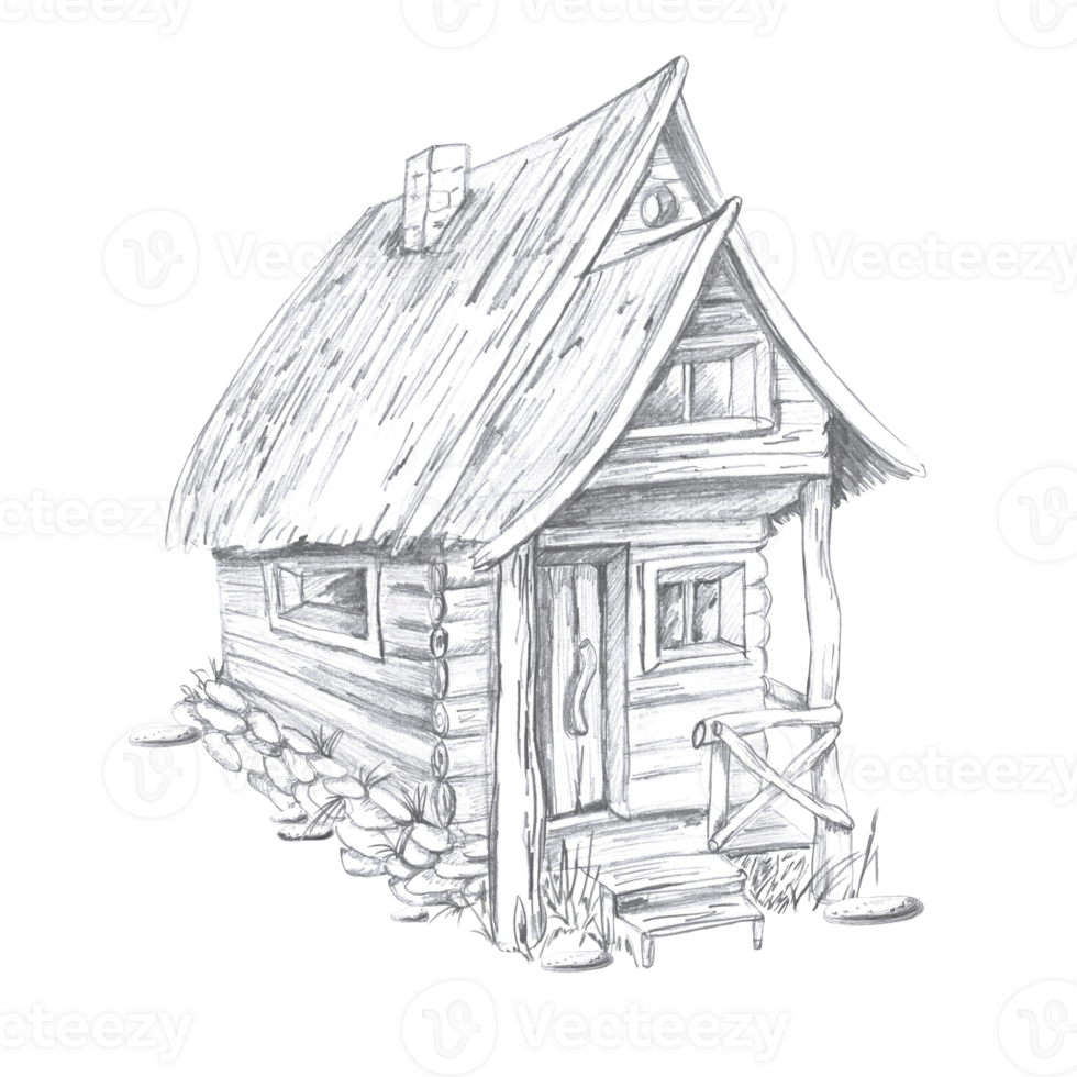 Wooden village house with an attic. Isolated pencil illustration of the building for the design of books, postcards, brochures for the construction business, invitations to Halloween. png