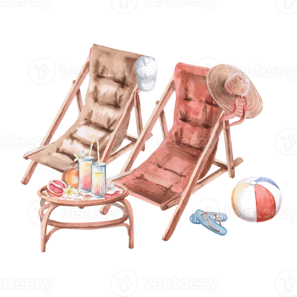 Two sun loungers, a table with juices, a ball and flip-flops. Isolated watercolor illustration on the theme of a beach holiday for the design of restaurants, tourist brochures, printing on fabric. png