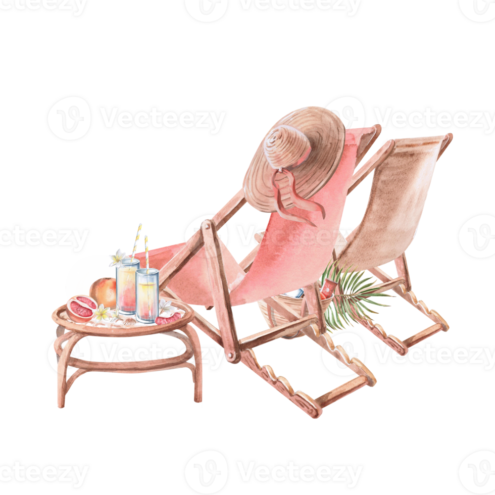 Two sun loungers, rear view and a table with juices. Isolated watercolor illustration on the theme of a beach holiday for the design of restaurants, tourist brochures, printing on fabric and textiles. png