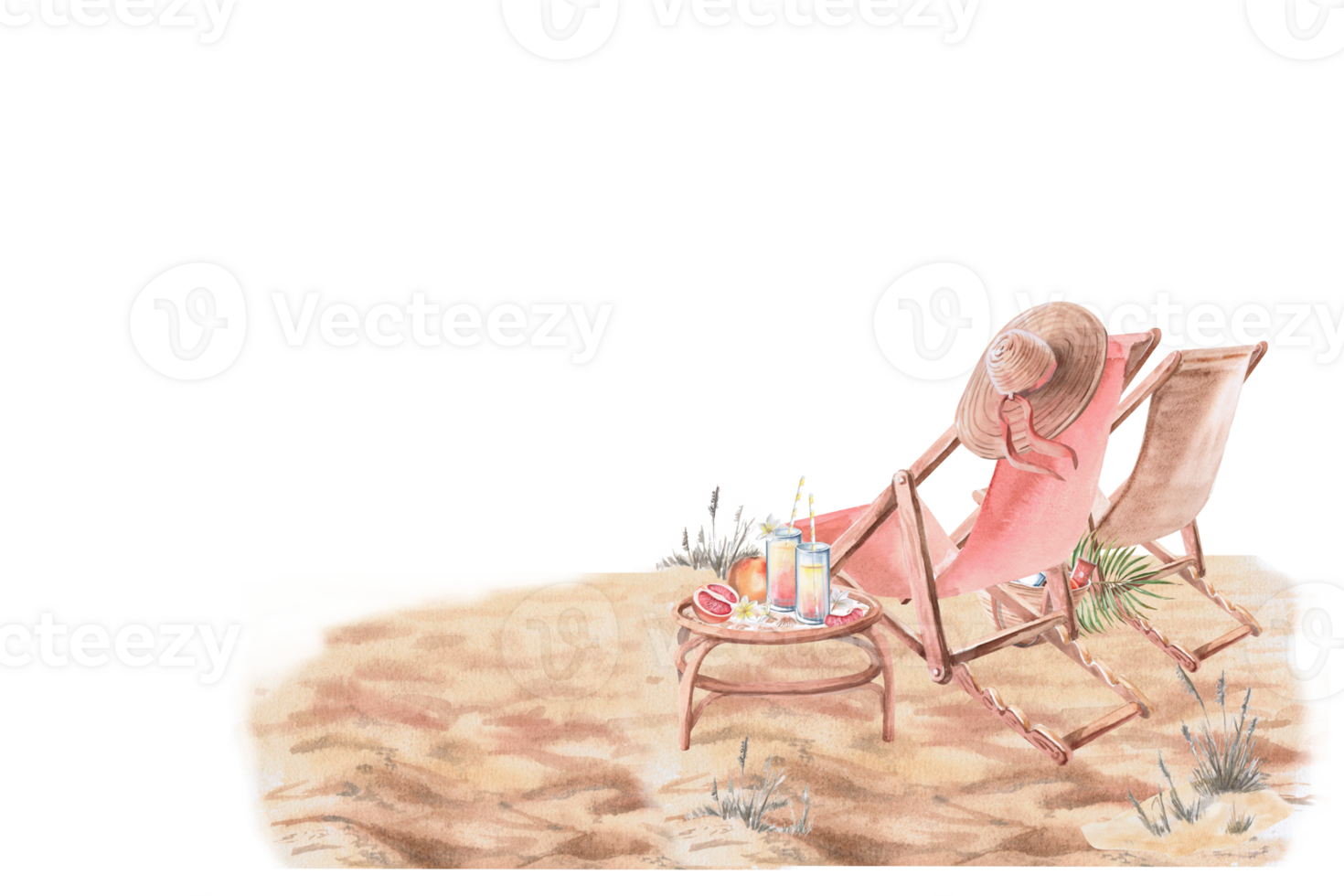 Two sun loungers, rear view and a table with juices standing on the sand. Isolated watercolor illustration on the theme of a beach holiday for the design of restaurants, tourist brochures. png