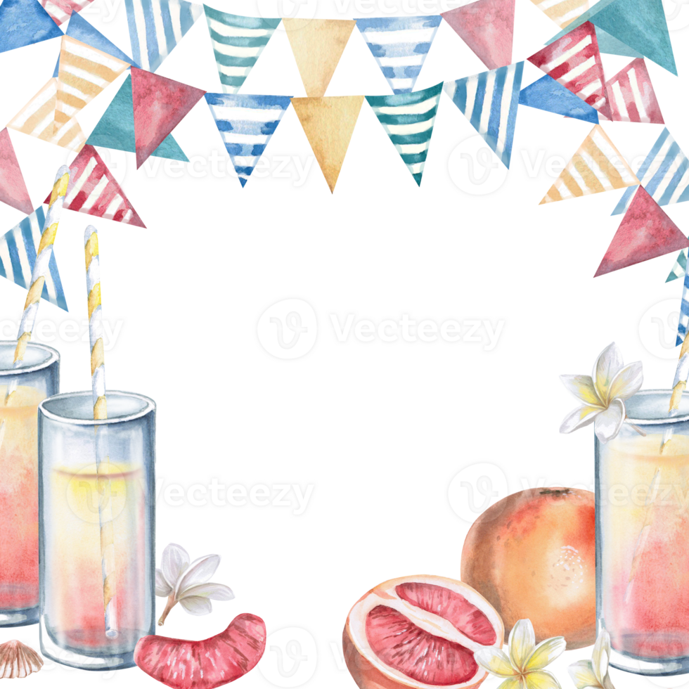 Square frame with glasses of juice, grapefruit and festive flags. Isolated watercolor illustration on the theme of a party for restaurant menu design, interior, poster printing png