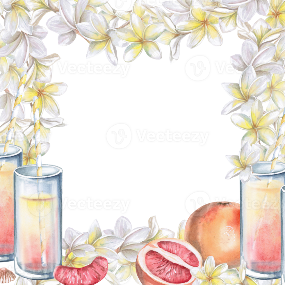 Square frame with glasses of juice, grapefruit on the background of plumeria. Isolated watercolor illustration on the theme of a party for the design of a restaurant menu, printing on posters. png