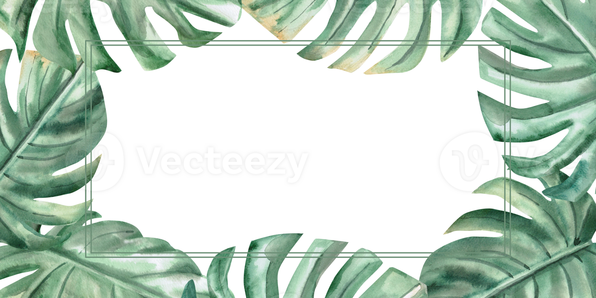 Rectangular frame with large monstera leaves. Isolated watercolor illustration on the theme of a beach party for decorating invitations, menus, posters. png