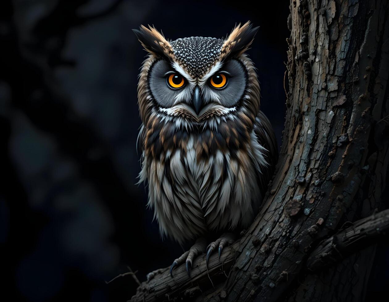 Owl Perched on Tree Branch Staring with Intense Eyes photo
