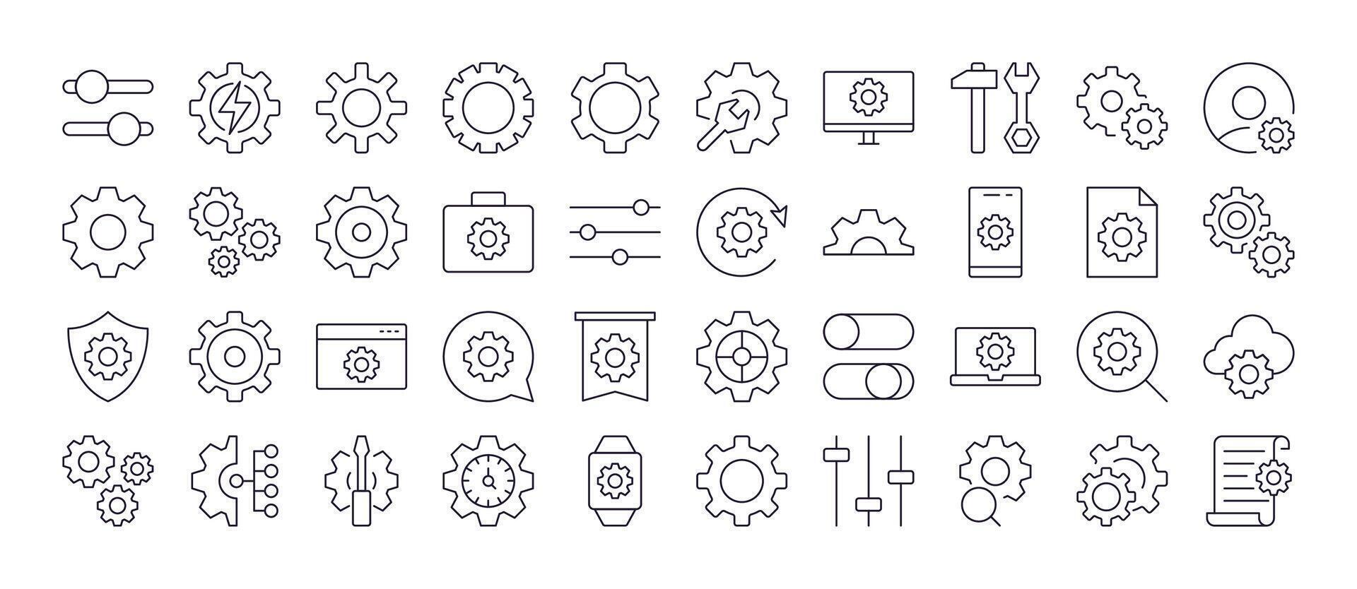 Cogwheel and Gear Set of Thin Icons. Editable Stroke. Perfect for Web Sites, Books, Cards, Apps vector