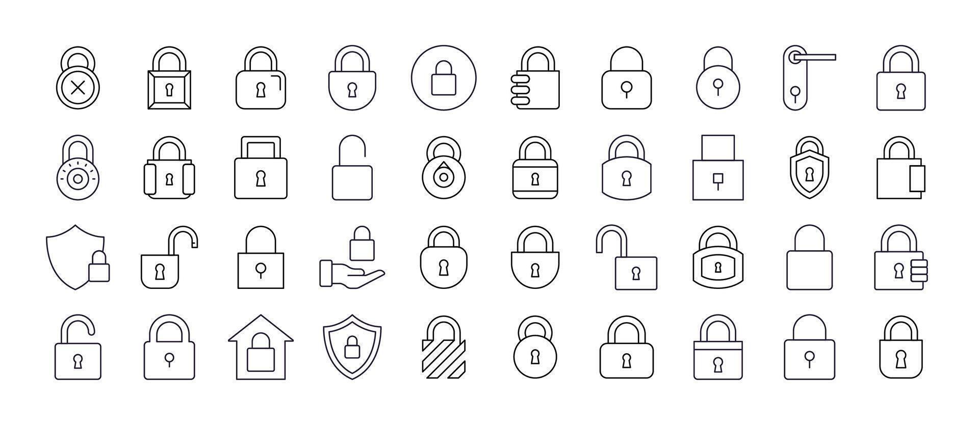 Lock Thin Line Icon Set . Door and Padlock Outline Signs for Graphic and Web Design, Apps, Adverts, Various Cards vector