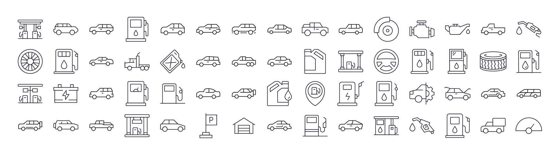Pack of Car, Gas Station, Road Related Line Icons. Outline Signs for Graphic and Web Design, Apps, Adverts, Various Cards vector